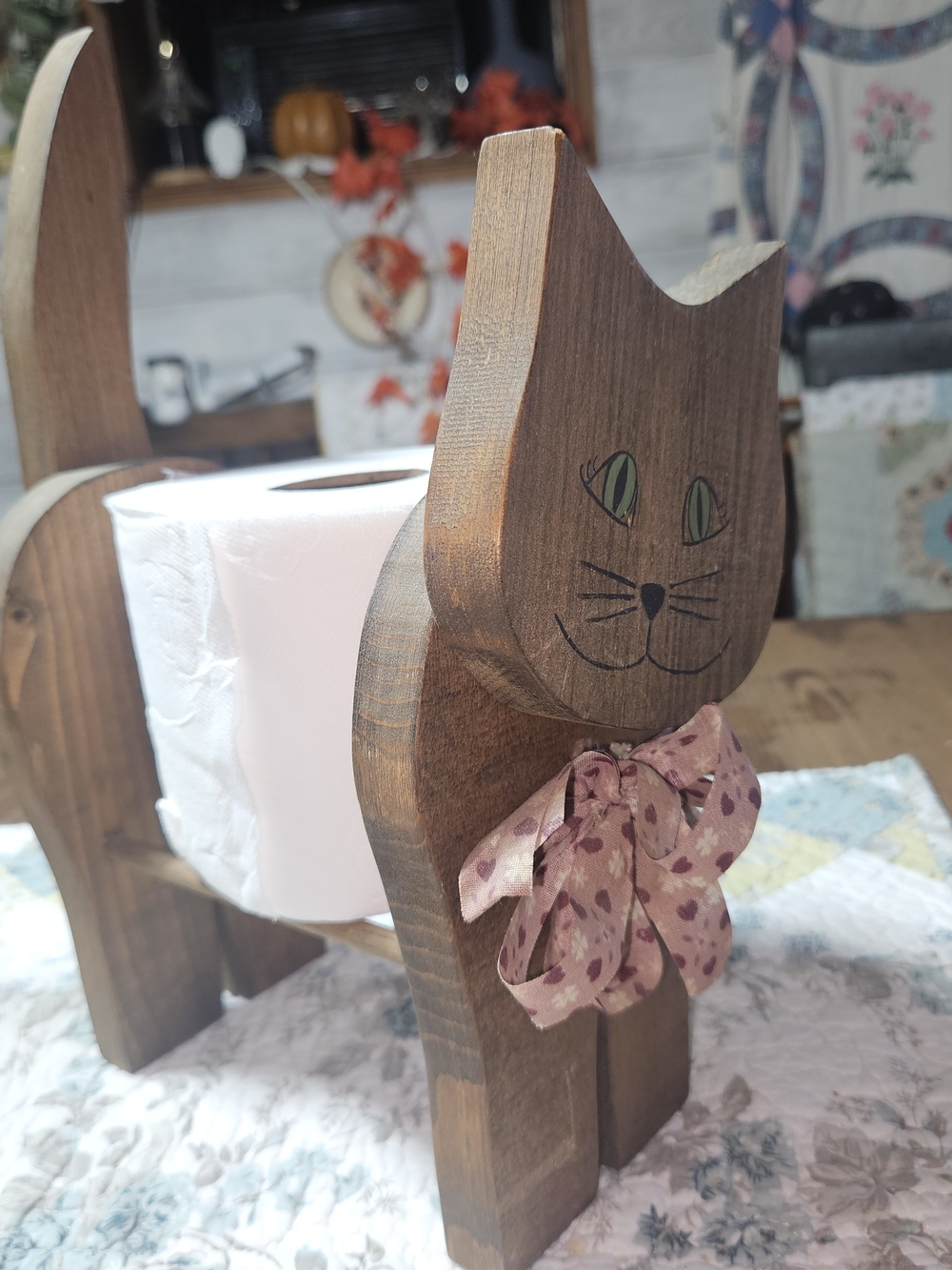 Wooden Cat Toilet Paper Holder - Brown with Pink Bow
